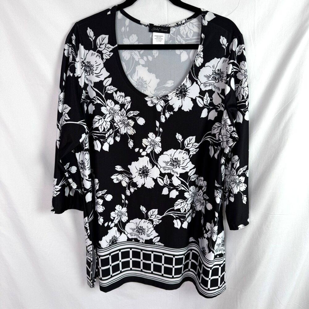 Slinky Brand Women's Tunic Top Size 1X Black & White Floral Print 3/4 Sleeves